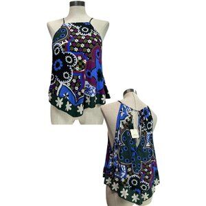 FREE PEOPLE I Dare You Tank Top Sz S Halter Neck Mixed Floral Paisley Print Top